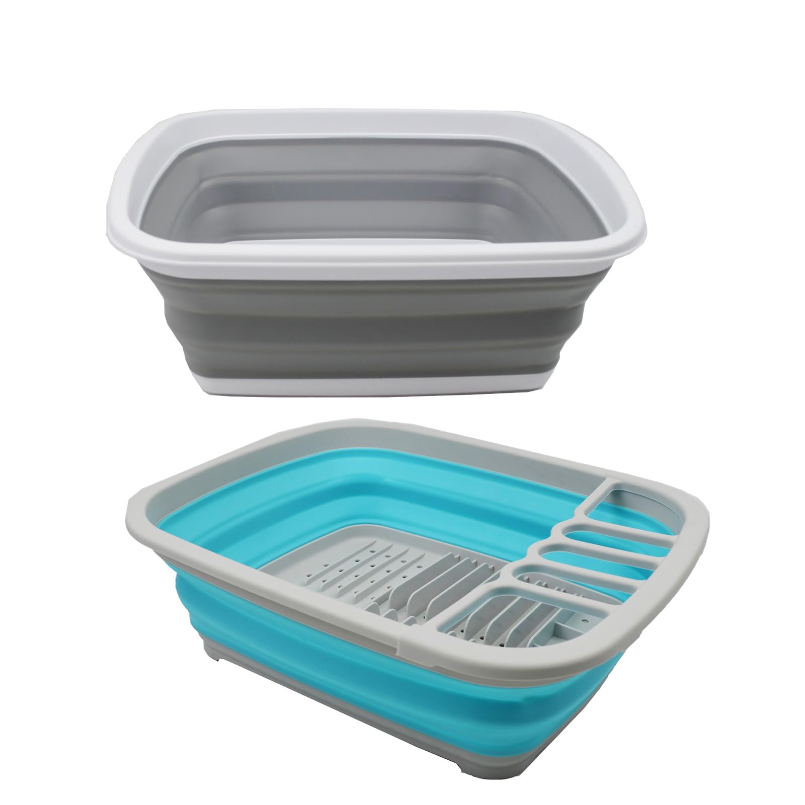 Sammart Grey+Cyanine (Set Of 2) 10 Litres Collapsible Tub & 8L Collapsible Dish Drainer With Drainer Board (Grey+Cyanine (Set Of 2))
