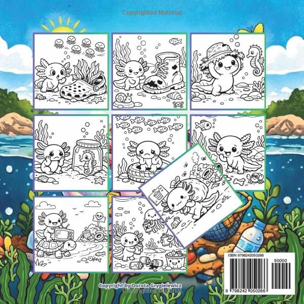 ECO Adventure od the Axolotl Coloring Book for Kids: A set of adventure coloring illustrations about a unique little axolotl cleaning the bottom of ... care of the environment, easy and bold images image 3