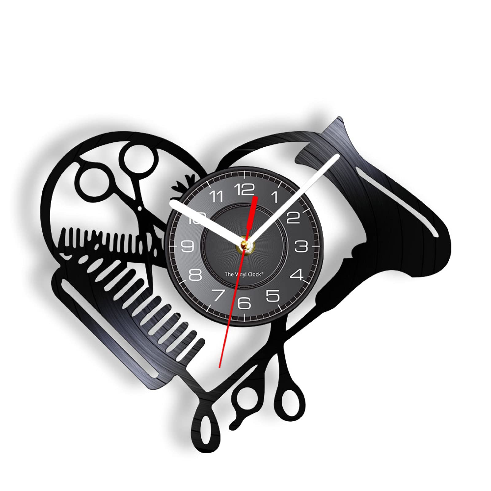 OTKU 12 Inch-Wall Clock Barber Shop Tools Vinyl Record Wall Clock Beauty Hair Salon Heart Shape Dryer Scissor Comb Hairstylist Design Silent Clock