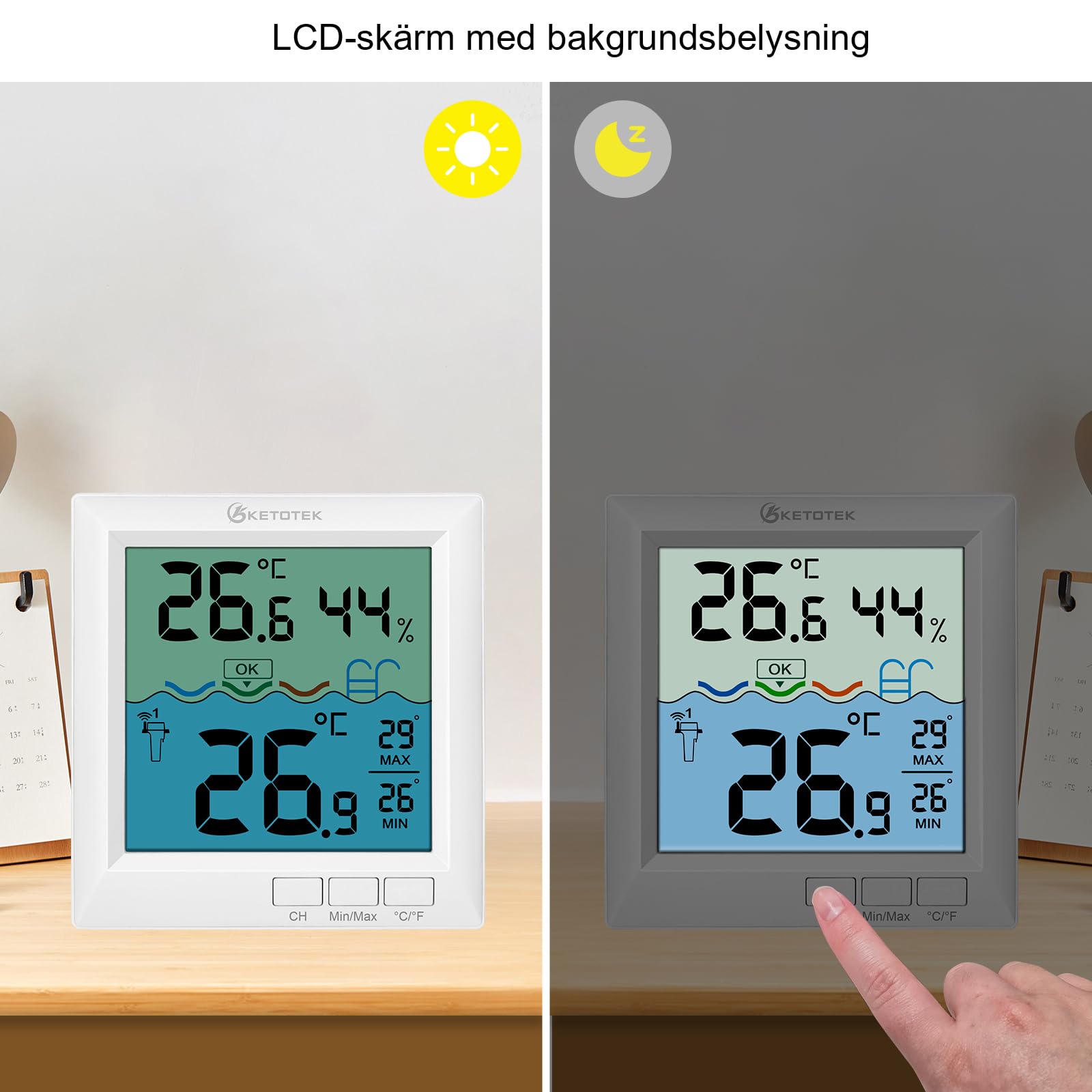 KETOTEK Cyfrowy termometr basenowy, pływający, zasięg 60 m, wodoszczelność IPX8, precyzyjny termometr do wanny, stawu, akwarium, zasilanie energią słoneczną i z akumulatora | Zasięg 60 m, wodoszczelność IPX8, precyzyjny termometr do wanny, stawu, akwarium