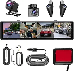 Câmara de Tablier, Gravador de Condução Dash de 11 Polegadas 4CH, Câmara de Carro HD com Visão Noturna DVR, Espelho Retrovisor com Dupla Lente, Gravador de Carro,None