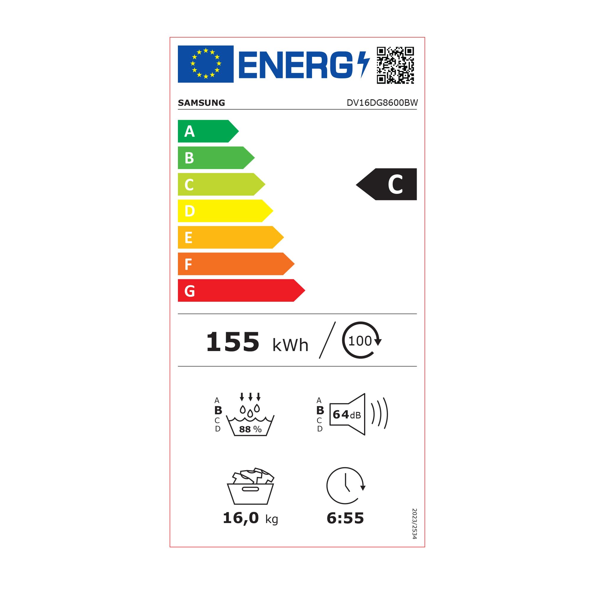 Samsung Asciugatrice DV16DG8600BW/U3, 16 kg, Pompa di Calore, Wifi, AI Dry, Programma Igienizzante, Carica Frontale, 68,6L x 98,4H x 84,4P cm