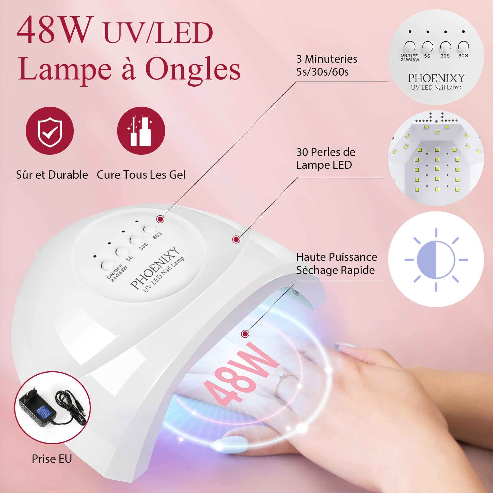 Phoenixy 40 Couleurs Kit Vernis Semi Permanent Complet avec 48W Lampe U V/LED Kit Ongle Gel U V Complet avec Base et Top Coat Vernis Semi Permanent pour Débutant DIY Nail Art