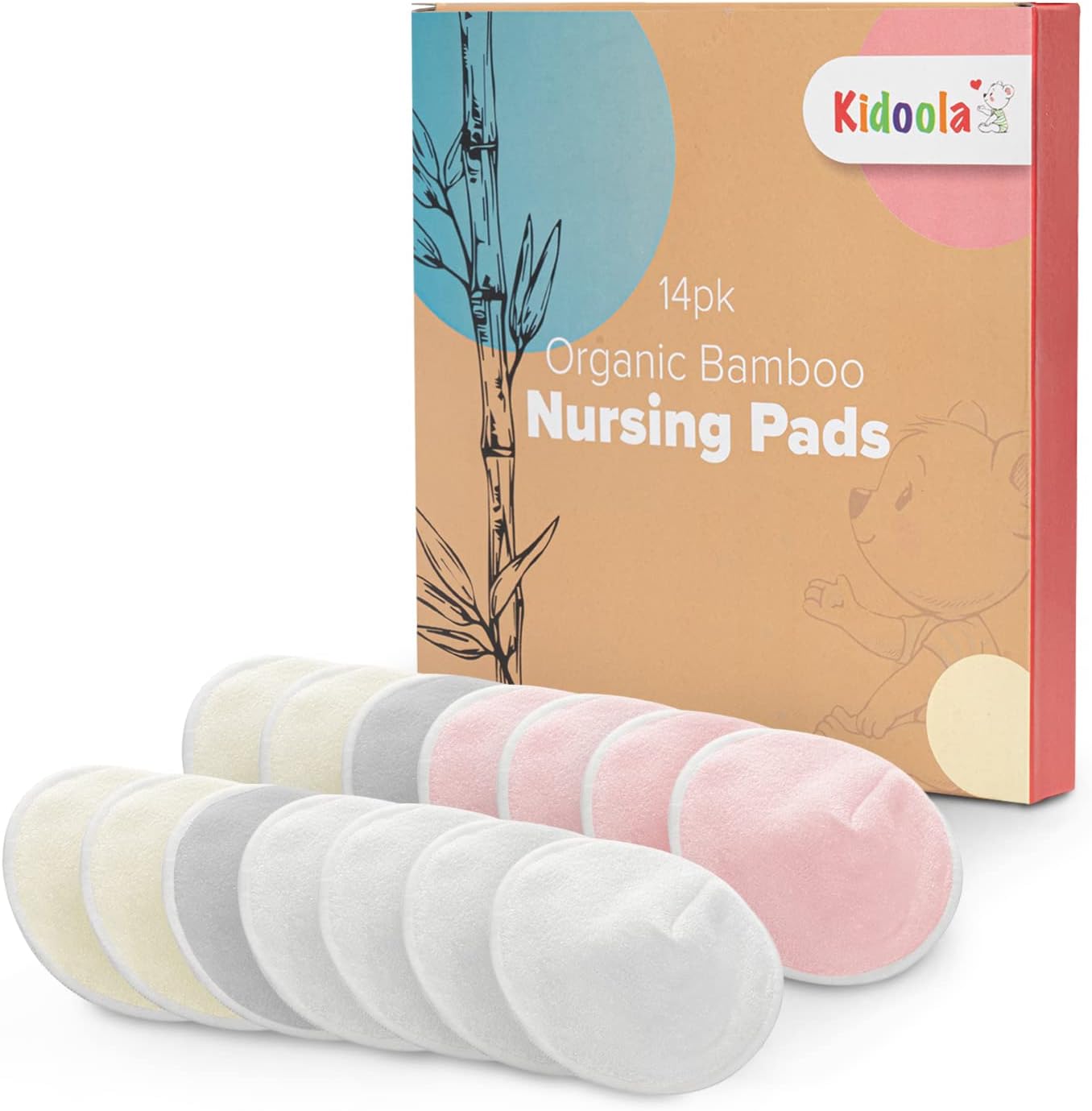 Kidoola Organic Bamboo Nursing Pads, Pack of 14 Reusable Washable