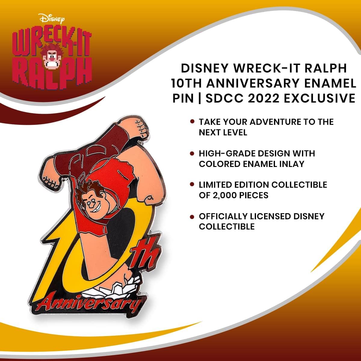 Disney Spilla smaltata per il decimo anniversario di Wreck-It Ralph | Esclusiva SDCC 2022, Metallo, metallo