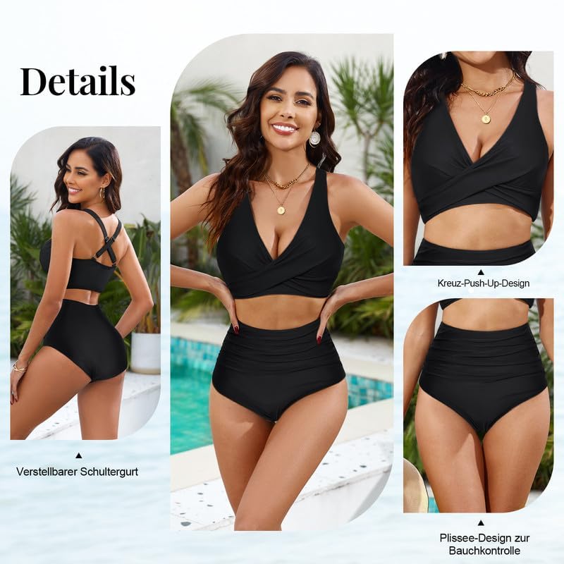 JASAMBAC Damski zestaw bikini, wyszczuplający brzuch, owijane górne części bikini i wysoki stan, miękka moda kąpielowa, regulowana odzież kąpielowa, wyszczuplający brzuch, wyściełane stroje plażowe