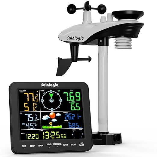 Sainlogic Home Weather Station with Rain Gauge and Wind Speed, Weather Stations Wireless Indoor Outdoor with Rain Gauge Outdoor, Forecast, Temperature, Humidity, Moon Phase, Alarm Clock(No WiFi)