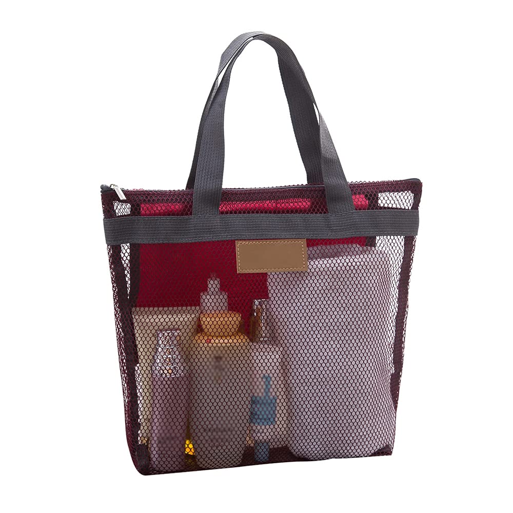 Mesh Shower Caddy Bag, Quick Dry Portable Tote Bag and Inner Pocket, Lightweight Bath Organizer for College Dorm Bathroom, Swimming, Gym, Beach, Travel (Red)