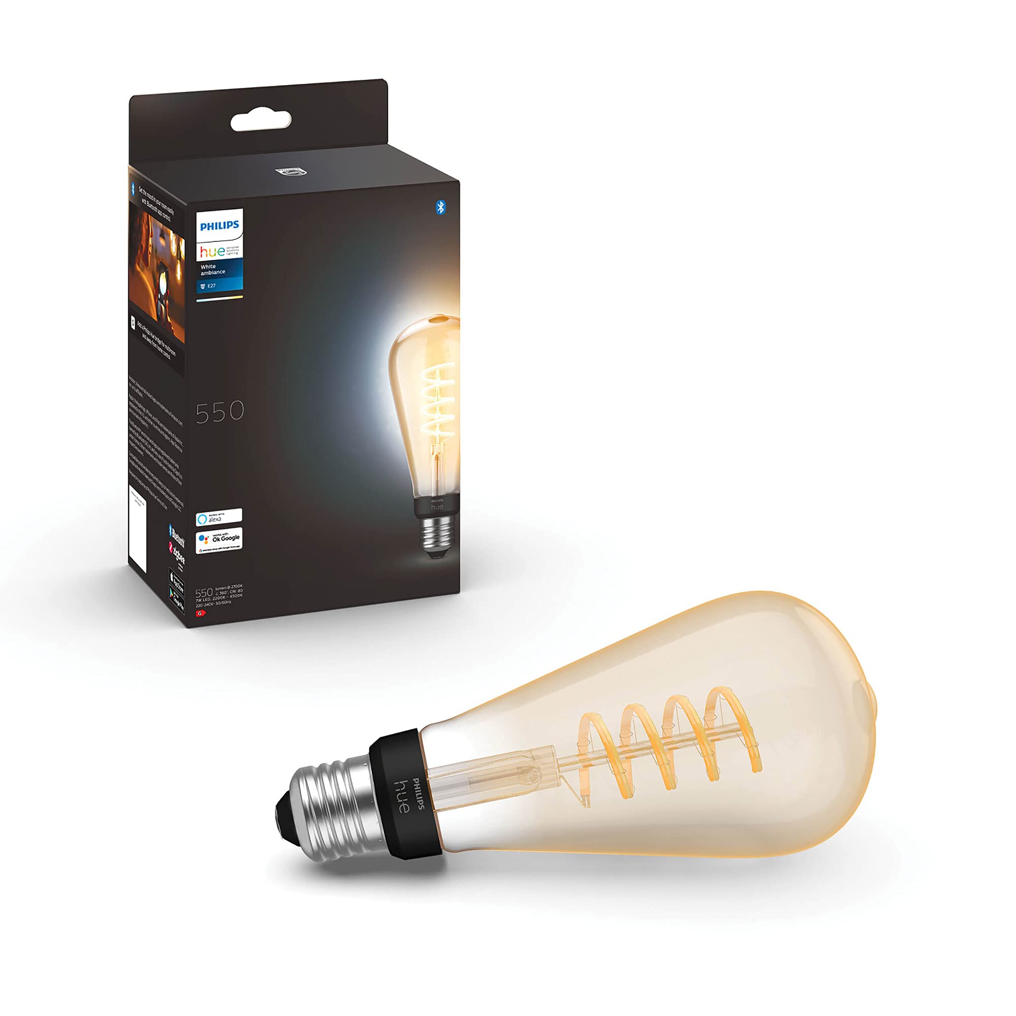 Philips Hue Philips Hue White Ambiance, ampoule LED connectée E27 Filament ST72, compatible Bluetooth, fonctionne avec Alexa, Google Assistant et Apple Homekit