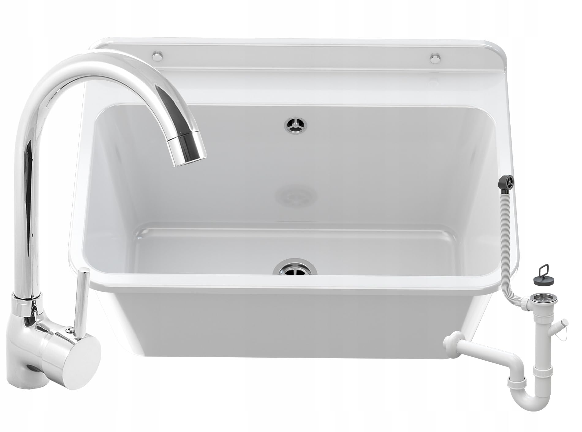 Évier Extérieur Buanderie - Évier lavoir Buanderie - Lavabo extérieur avec siphon - Lavabo mural en polypropylène - 61 x 41 x 30 cm - Blanc + batterie de lavabo BETA - GRANITAN