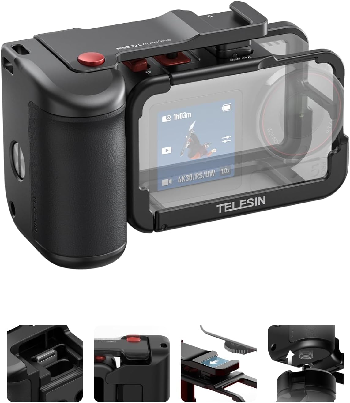 TELESIN Metal Aluminum Alloy Street Grip Kit for DJI Osmo Action 5 Pro/4/3 | Camera Grip Handle with Ultra-Light Cage | Patented Seesaw Shutter Button | Ergonomic Holder Set-picture-21