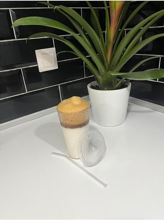 btmhome 1 600 Ml Mica Glass Straw Cup with Lid Origami Style Cold Coffee Soft Drink Cup transparent