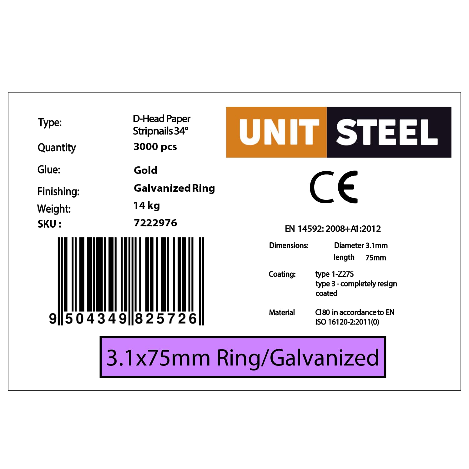 Halbkopf-Streifennägel - 3,1X75mm, 3.000 stück, Nägel für Druckluft-Nagler, D-Kopf, Ring/Verzinkt, für fast alle Marken von Tackern
