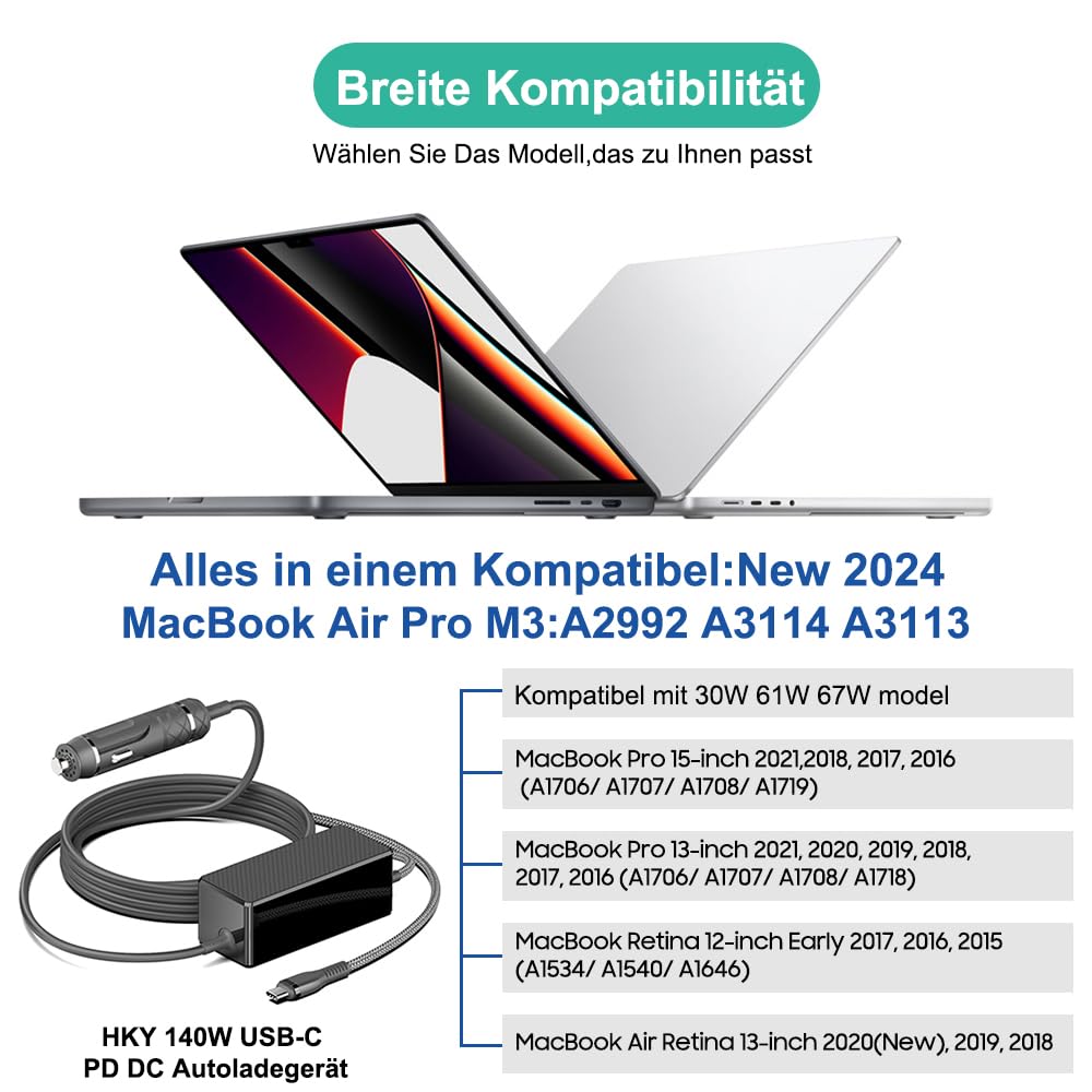 HKY PD3.1 140 W USB C 12 V-24 V veicolo alimentatore di rete per MSI Titan 18 Ultra 2024 Gaming Notebook AI Laptop i9-14900HX RTX40 Serie 18", MSI Titan 18 Pro 2024 i9-14900HX RTX4090 18" Gaming, 2,6