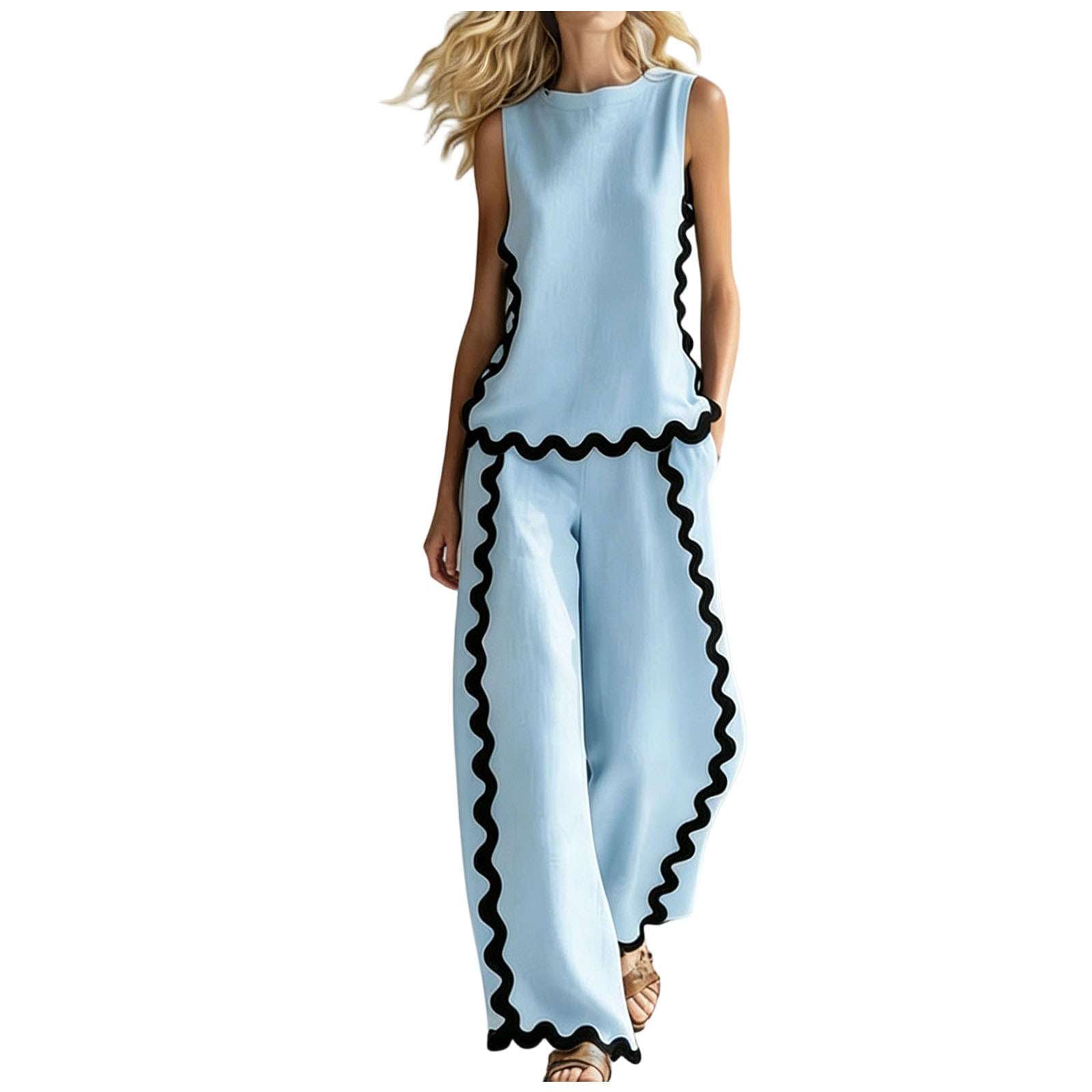 Générique Ensemble Femme 2 Pièces Été Chic - Débardeur Sans Manches et Pantalon Large Fluide Tenue Bicolore en Lin et Coton pour Vacances, Plage et Soirée Style Moderne et Élégant