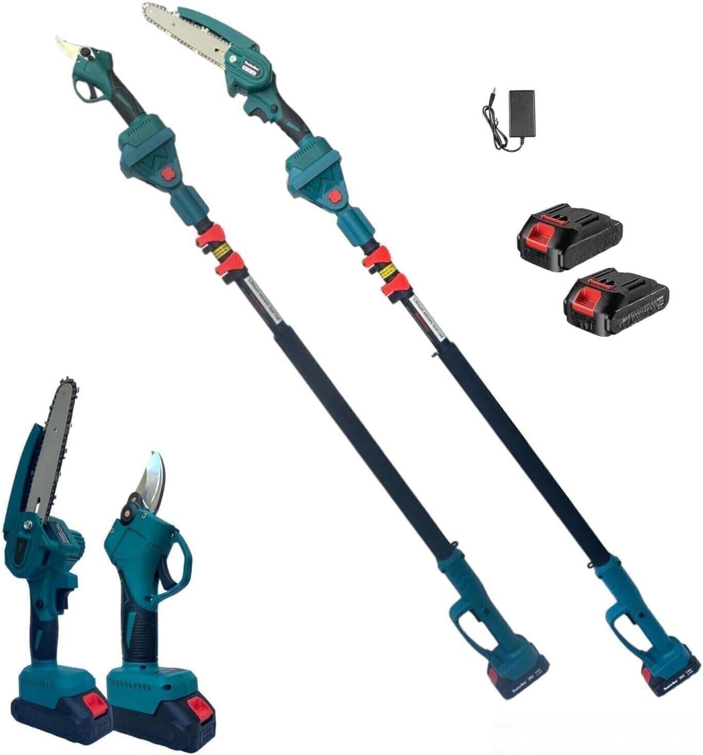 SQUADO Set Giardinaggio 3 in 1 – Motosega a Batteria, Forbice da Potatura Elettrica, Asta Telescopica Regolabile, 2 Batterie 21V per Lavori Esterni