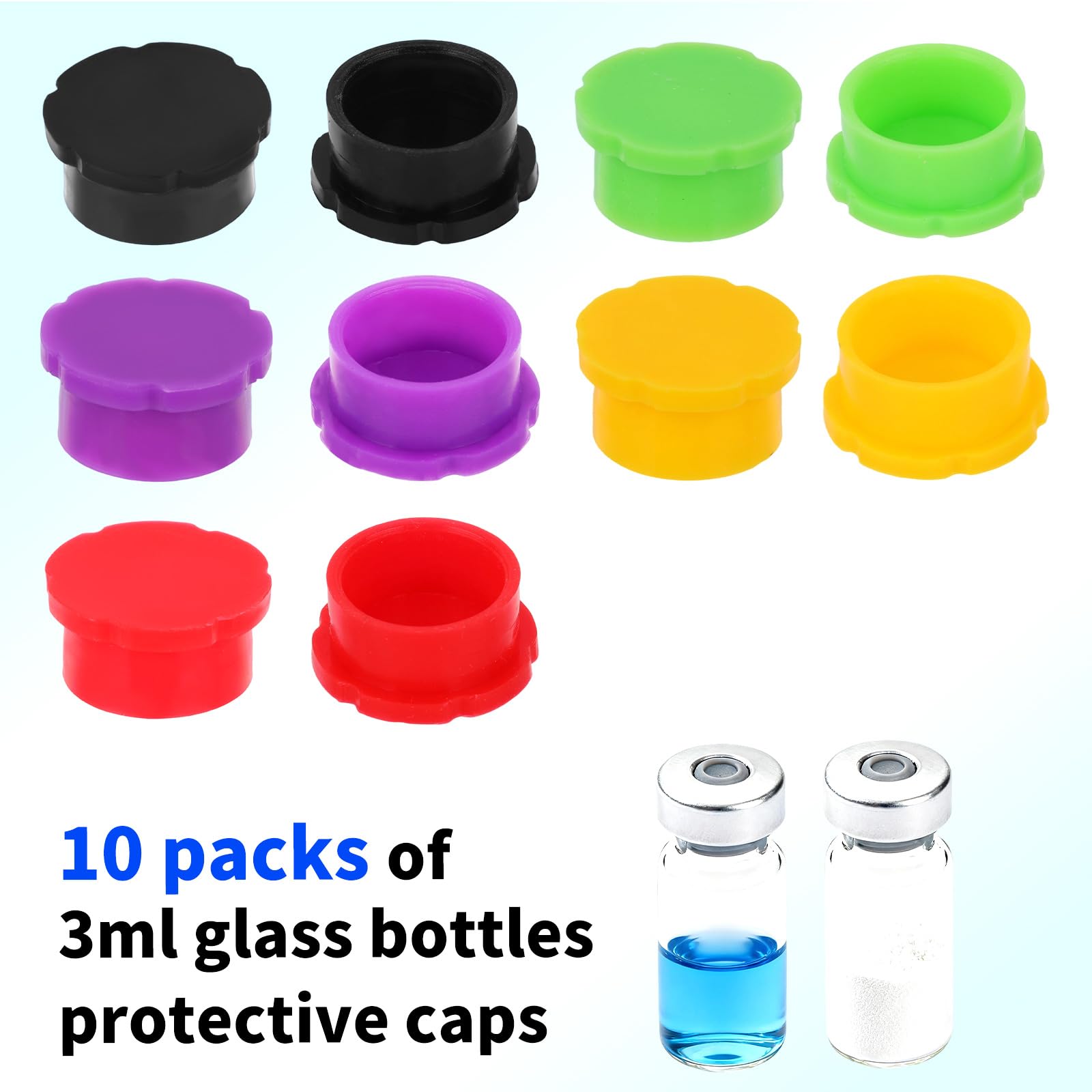 10pz Tappi Protettivi Fiale in Vetro 3ml, 5 Colori Coperchi in Silicone a Prova Perdite e Riutilizzabili Fiale per Iniezione per Conservazione Oli Essenziali e l'Uso Laboratorio