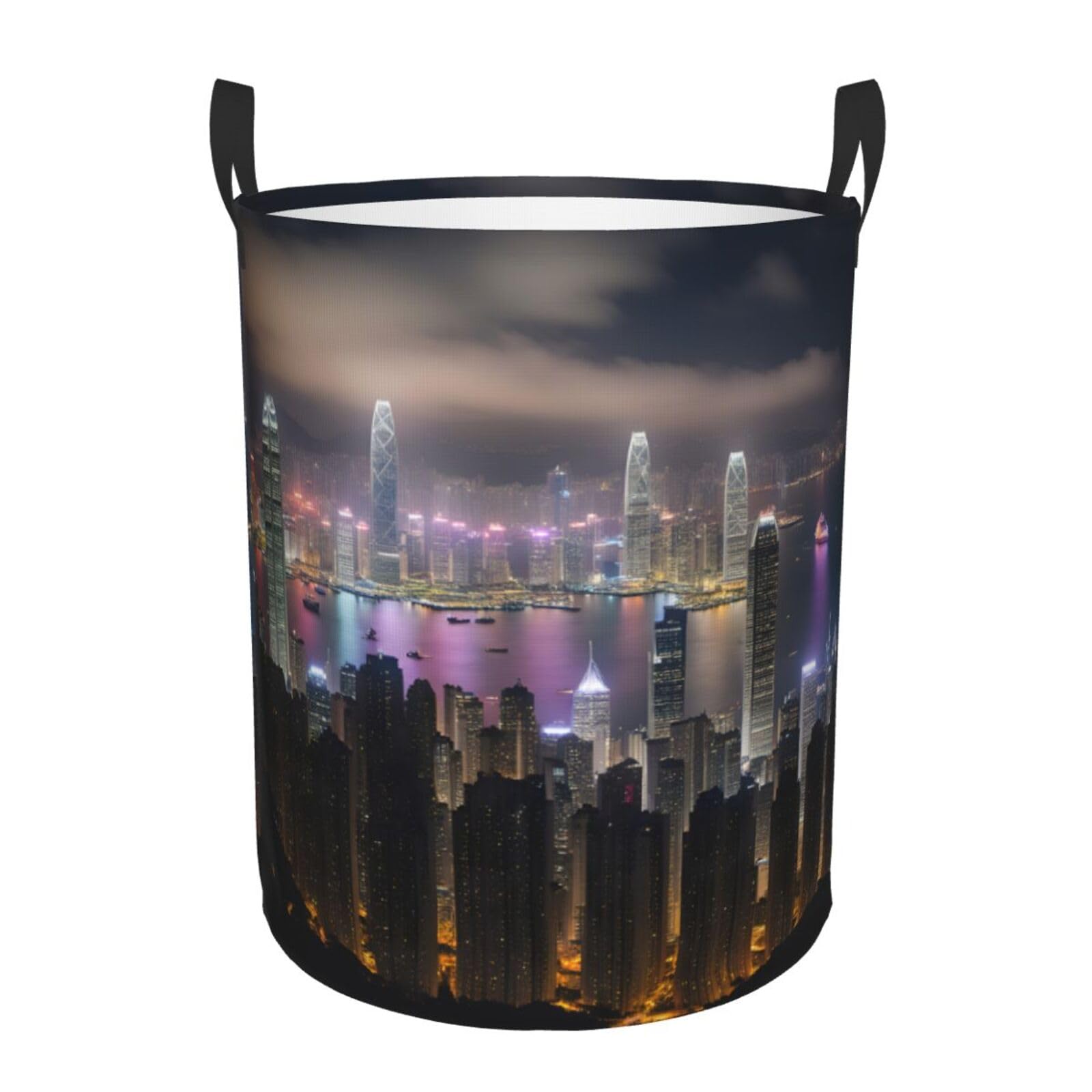 M Collapsible Laundry Hamper Round Aerial Night of View Hong Kong Print Storage