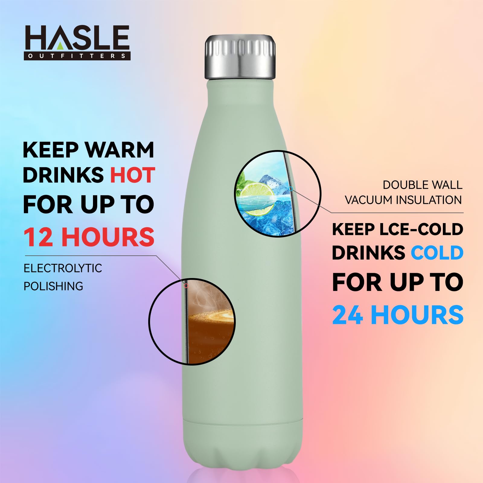 HASLE OUTFITTERS Edelstahl-Wasserflaschen, vakuumisoliert, doppelwandig, pulverbeschichtet, wiederverwendbar, Metall-Sport-Wasserflaschen, halten Getränke heiß und kalt, Hellgrün, 4 Packungen