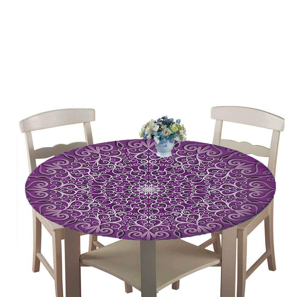 Chickwin Round Fitted Tablecloth Waterproof Dust-Proof Wipe Clean Round Mandala Printed Table Cover Flannel Elastic Edged, Table Protector for Kitchen Patio Dining Room (Purple love,120cm)
