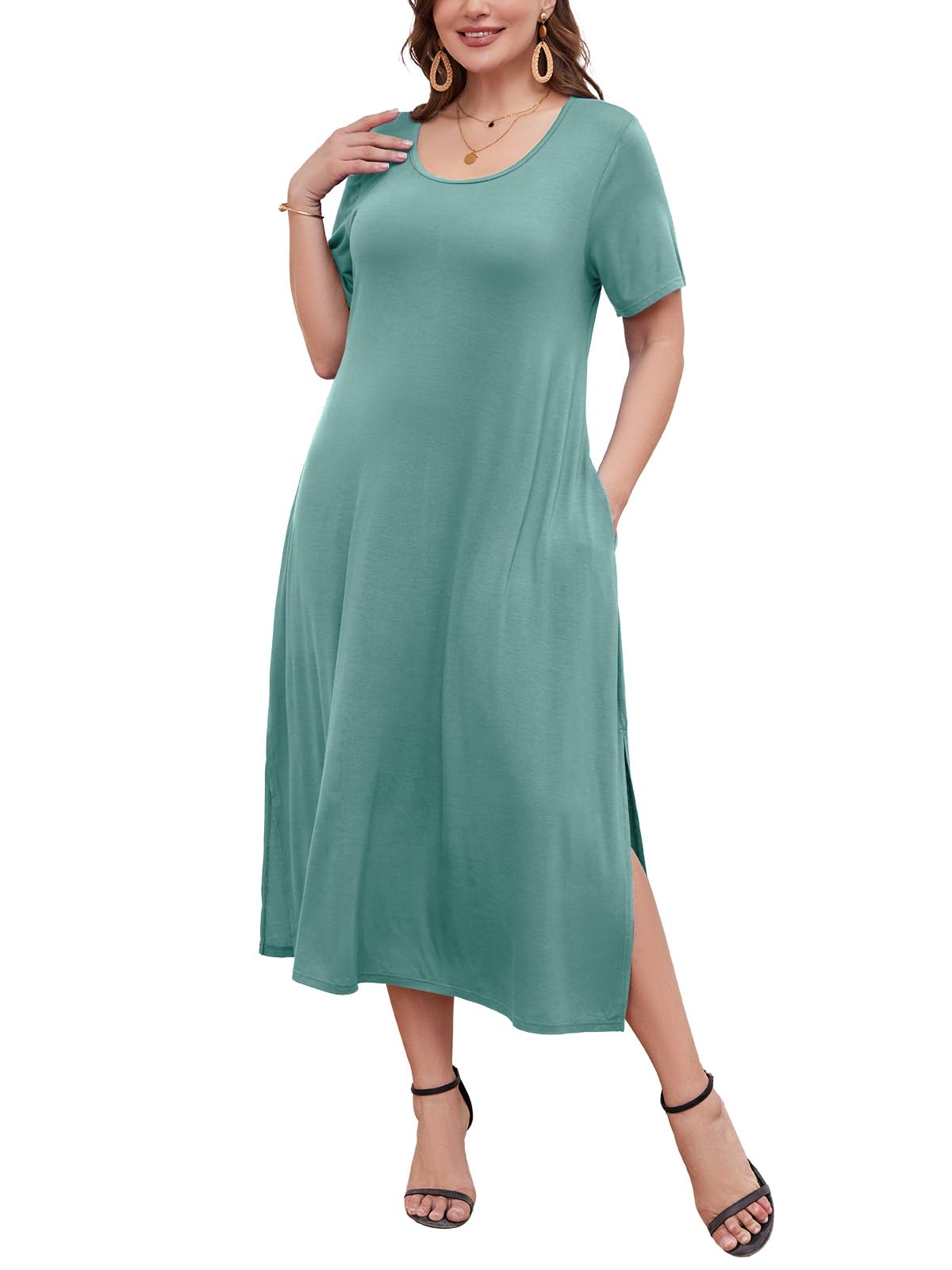 LARACE Plus Size Maxi Dress, Womens Short Sleeve T Shirt Dress with Pockets