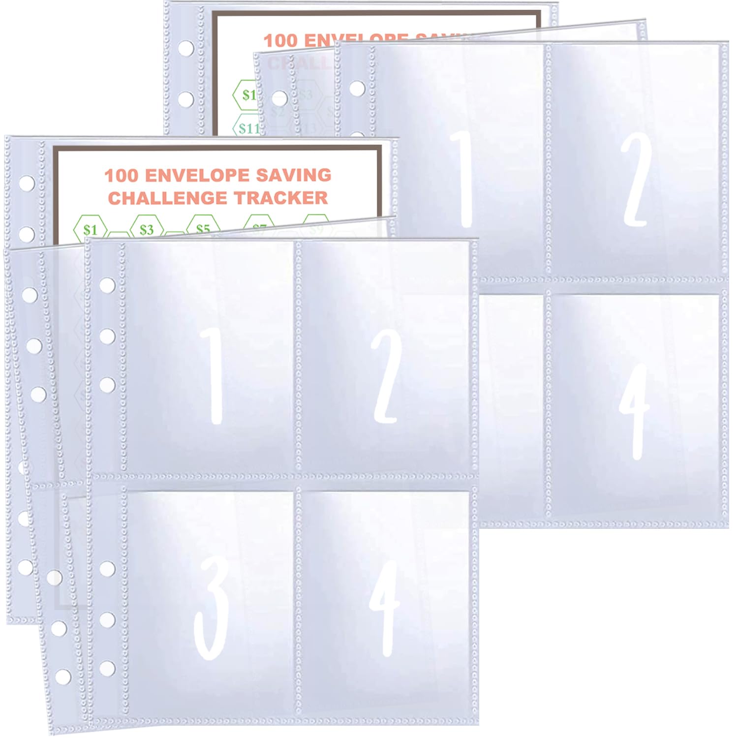 2 Pack 4 Pocket 100 Envelopes Money Saving Challenge Sleeves and Tracker Sheet Protector, Fit for 6 Ring A5 Binder, Pre-Printed 1~100 Numbers Money