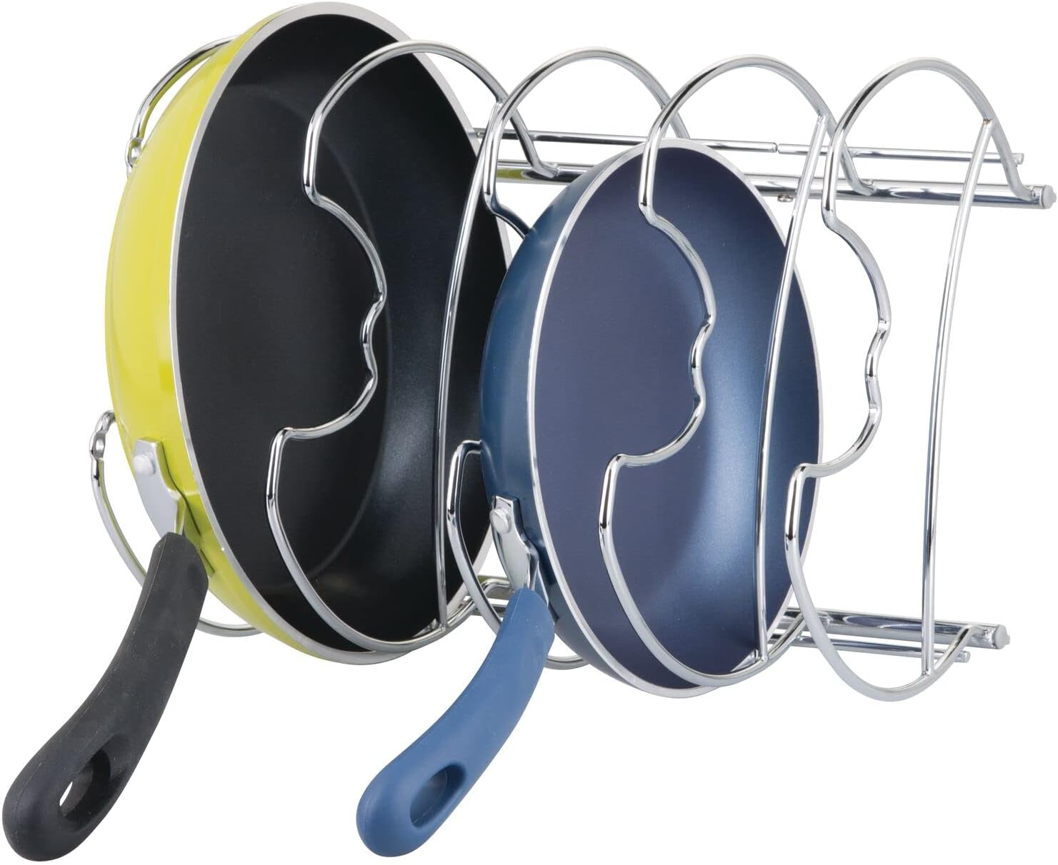 mDesign Metal Wire Pot and Pan Organizer Rack for Kitchen Cabinet, Pantry and Shelves - Organizer Holder with 4 Slots for Skillets, Frying Pans, Lids, Vertical or Horizontal Placement - Chrome