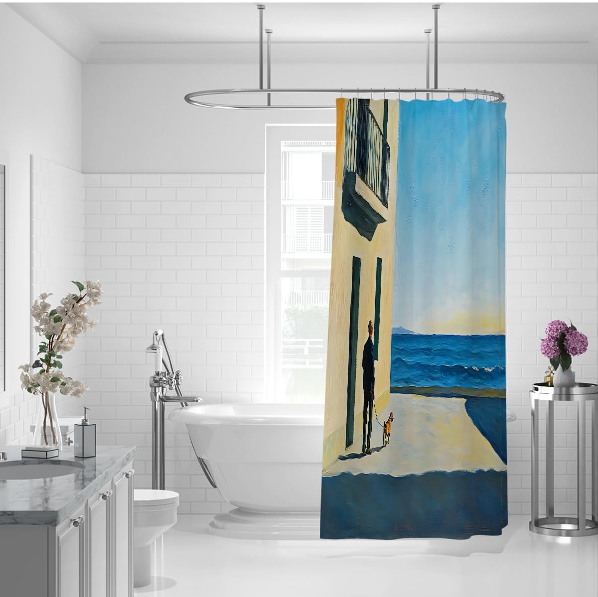 Tenda doccia costiera sul mare Cane da passeggiata sulla spiaggia Tenda da bagno in tessuto in poliestere impermeabile lavabile con ganci 180 x 220 cm