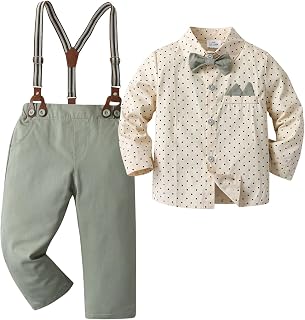 Baby Boys Pants Sets,Infant Long Sleeve Shirt + Pants + Bow Tie + Suspenders,Toddler Gentleman Outfits