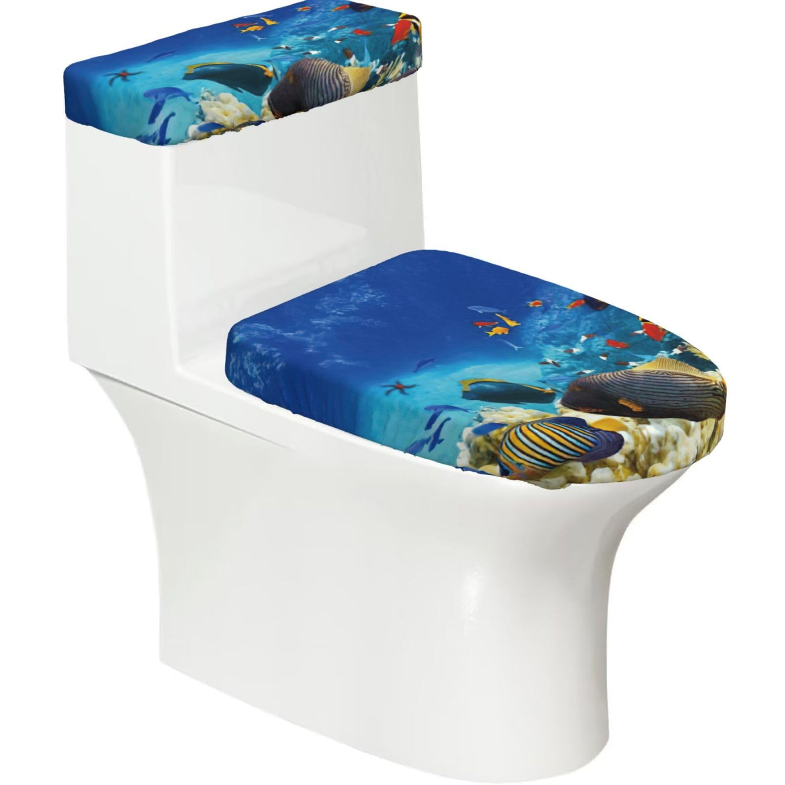 Colorful Sea Fish Print Stretch Toilet Covers Set, Polyester Covers Replacement For Fits Most Size Lids Bathroom Decor