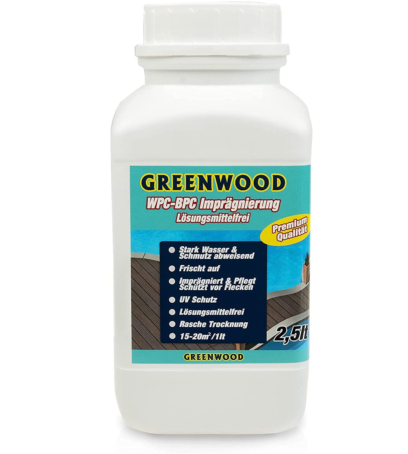 Greenwood WPC & BPC Impregnante trasparente – Impregnante incolore – Detergente per terrazze con protezione UV – ECO senza solventi – 2,5 litri