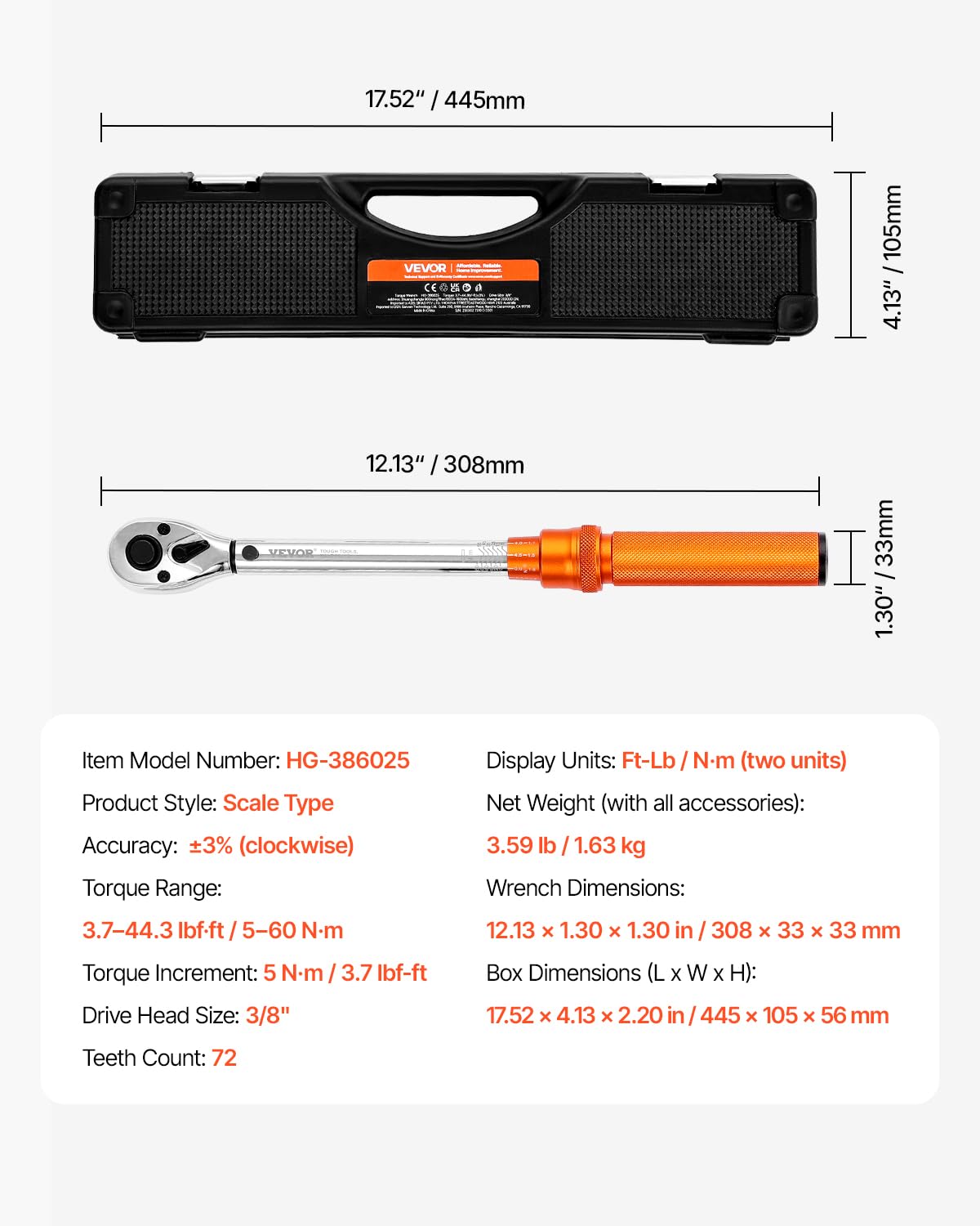 VEVOR Juego de Llaves Dinamométricas de Clic Accionamiento de 3/8" 5-60 Nm Bidireccional 72 Dientes con Vasos, Puntas, Barra de Extensión, Vasos para Bujías y Adaptador ±3% de Precisión Naranja
