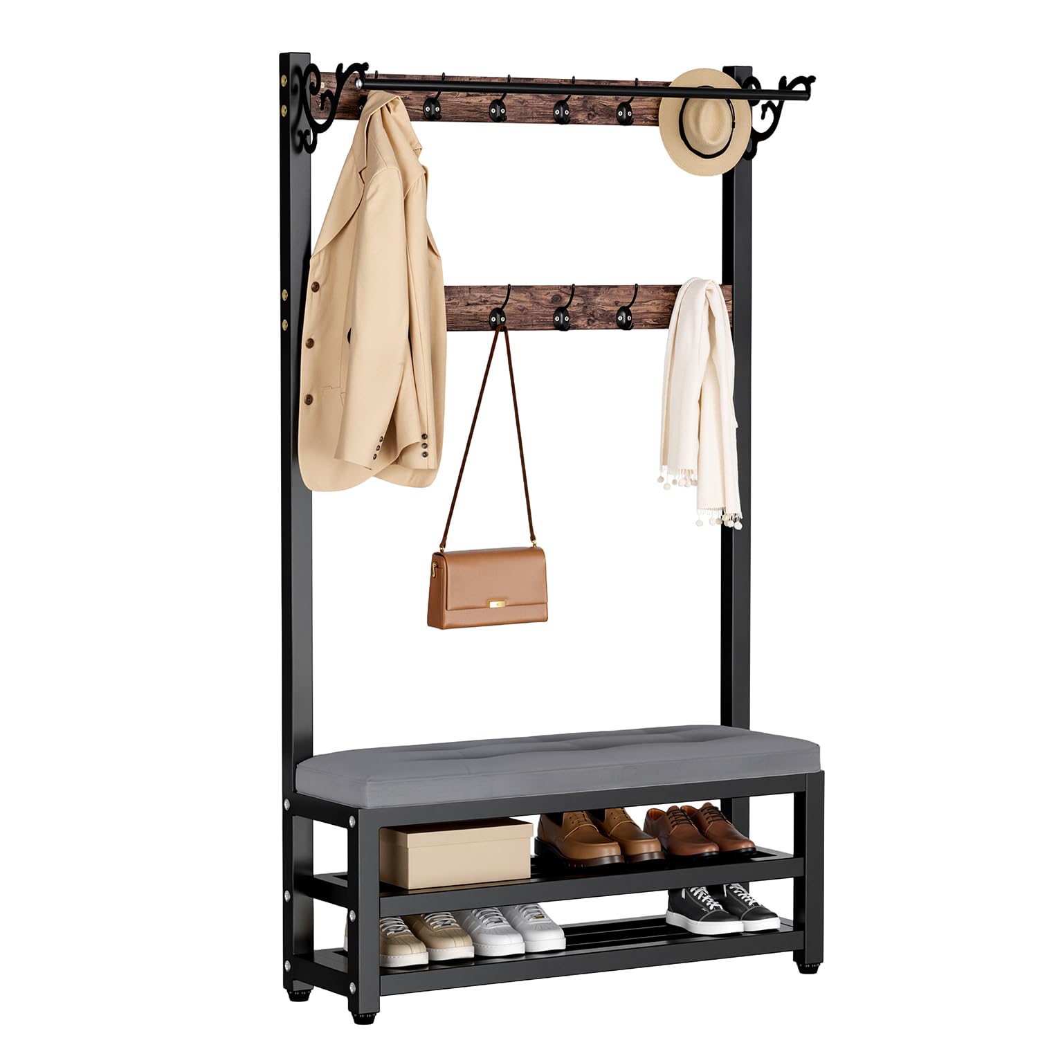 Wpptnsfy Black Grey Metal Coat Rack With Shoe Bench And Hook, Multifunctional Entry Bench With Coat Rack, Easy To Assemble For Living Room, Hallway 80/100 * 33 * 172Cm