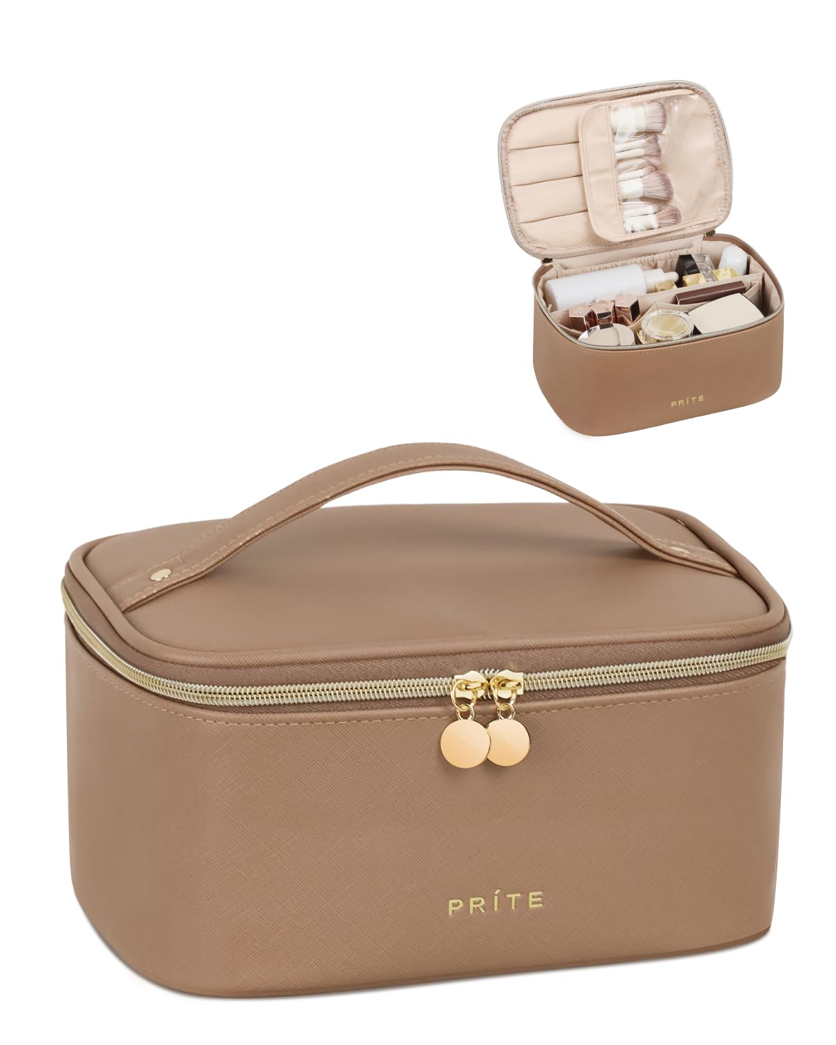 Prite Large Makeup Bag for Women Travel Cosmetic Case Waterproof PU Leather Toiletry Bag Portable Make Up Organiser with Handle and Removable Divider (Brown)