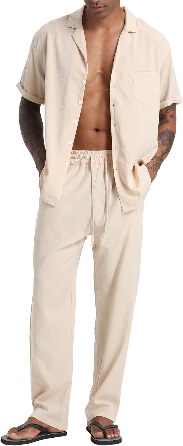 Men’s Beach Clothes 2 Piece Outfits Sets Casual Short Sleeve Button Down Shirt Yoga Pants Vacation Suit Summer linen