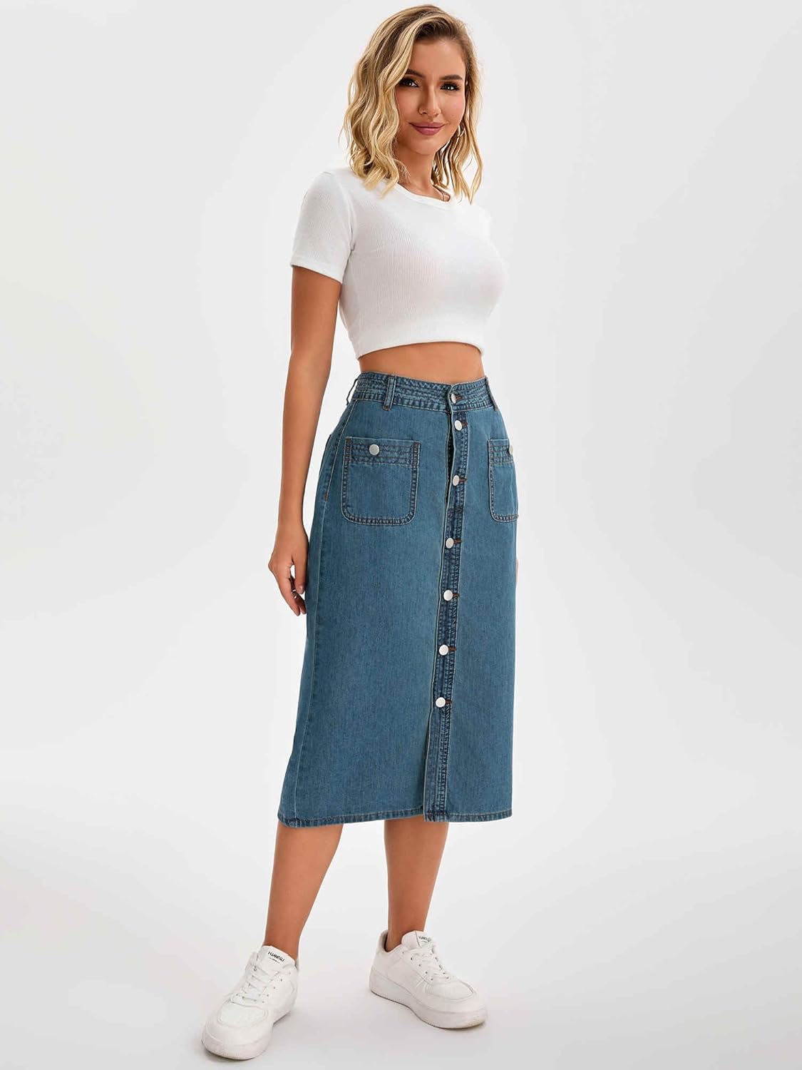 Women's Denim Skirt Button Down Front High Waist Pockets Midi Jean Skirts - Image 3