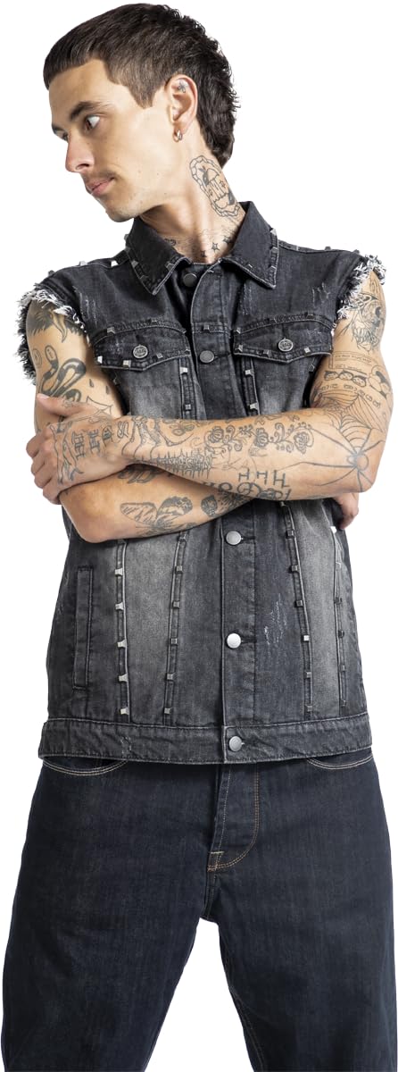 Black Premium by EMP Herren schwarze Weste mit Pyramidennieten im Used-Look