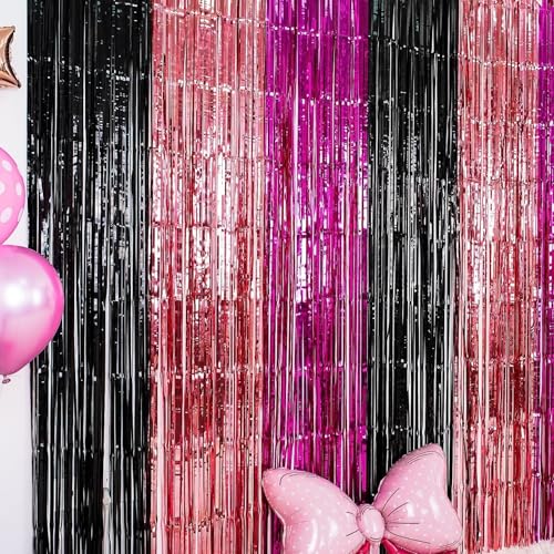 Image of Pink Black Birthday Party Supplies, 2 Pack 3.3x6.6 ft Hot Pink Black Foil Fringe Curtain, Cartoon Theme Photo Booth Prop Streamer Backdrop for Girls Birthday New Years Cartoon Party Decorations