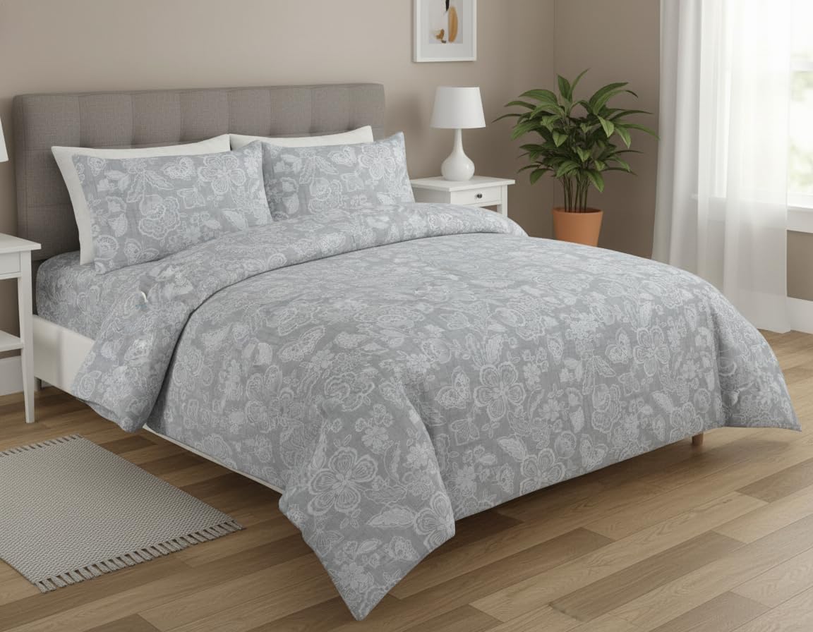 M&J Home Grey Butterfly Floral Double Duvet Cover Set with 2 Pillowcases, 3 Piece Bedding Set, Polycotton 132 Thread Count, OEKO-TEX Certified, Easy Care