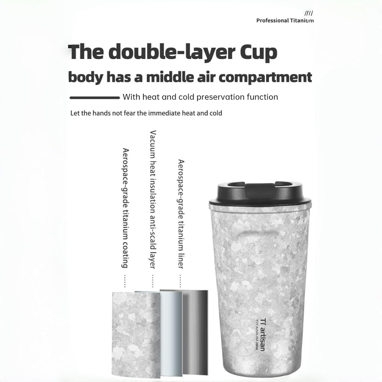 Titanium Water Bottle Coffee Cups Titanium Insulated Water Bottle Wide Mouth Titanium Cup Easy To Clean Leakproof & Packable for Travel & Sports 16.91fl oz (500ml) - Image 6