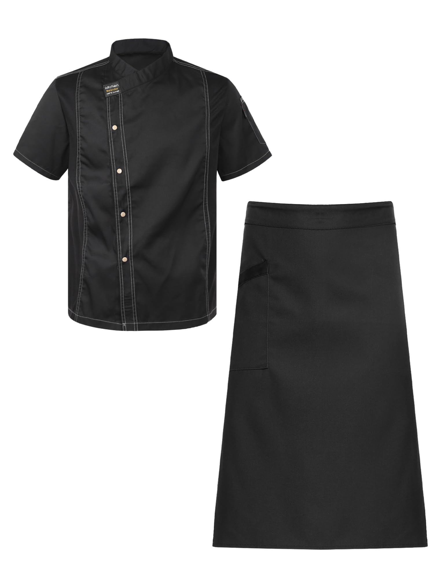 YEAHDOR Mens Womens Unisex Chef Uniforms Short Sleeve Chef Coat with Pure Color Aprons Kiitchen Black X-Large
