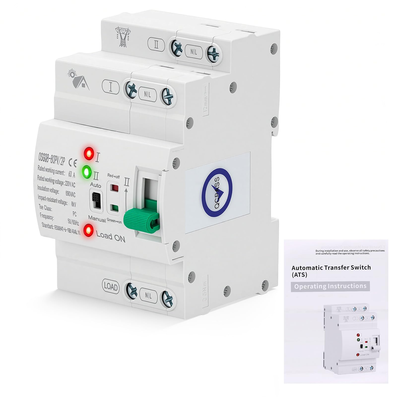 Automatischer Transferschalter 63A 2P ATS Mini 220V Notstrom Umschalter mit Netzvorrangschaltung <50ms