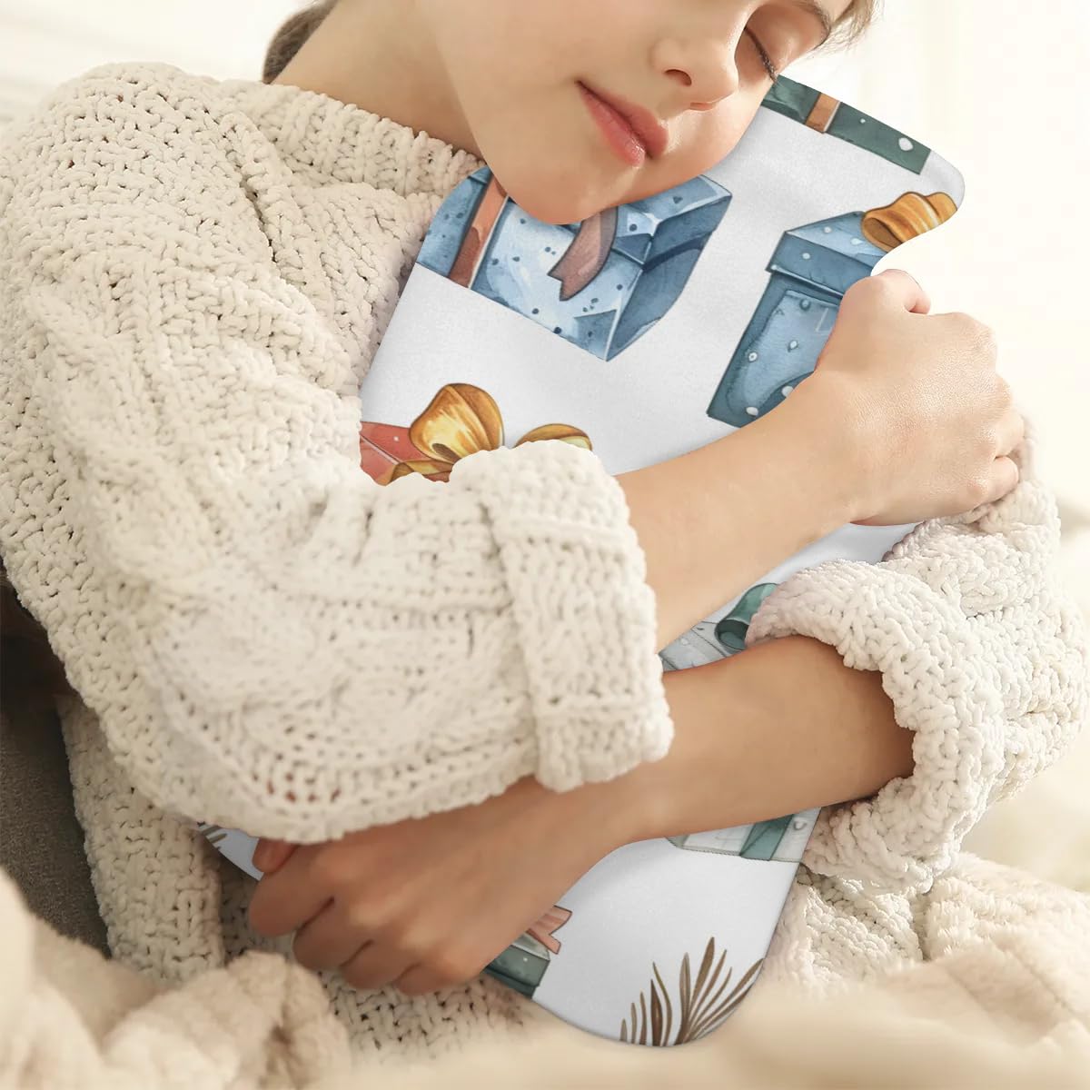 Hot Water Bottle with Soft Cover,2L Watercolor Xmas Gift Box Hot Water Bag for Hot and Cold Compress, Hand Feet Warmer, Rubber Hot or Cold Water Bottle Halloween Christmas Decorations