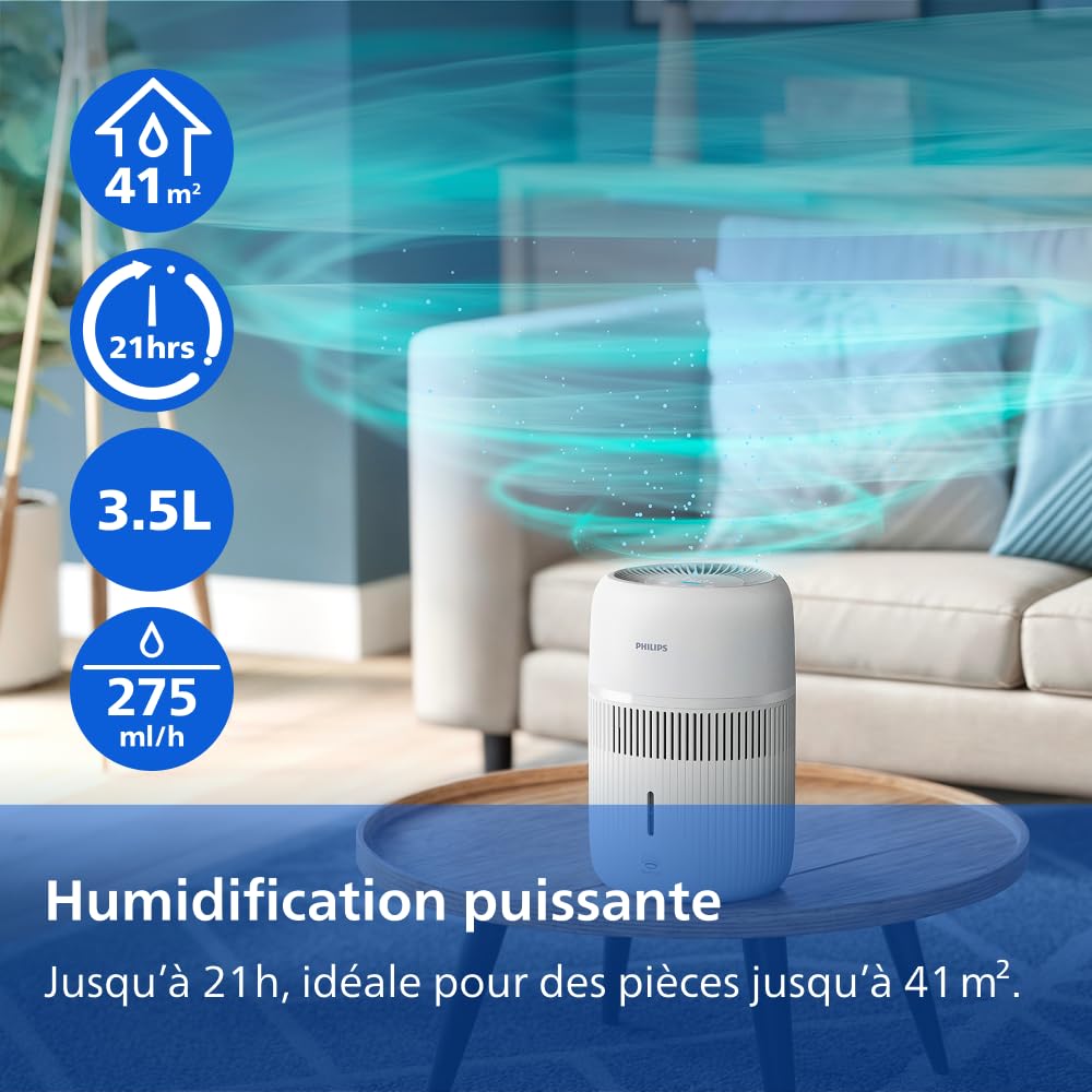 Philips Humidificateur d'air Série 4000 - Humidificateur Intelligent et Hygiénique, jusqu’à 41 m², Ultra-silencieux 6 dB, Capteur d’humidité, débit de 275 ml/h, Réservoir 3,5L, Blanc (HU4209/00)