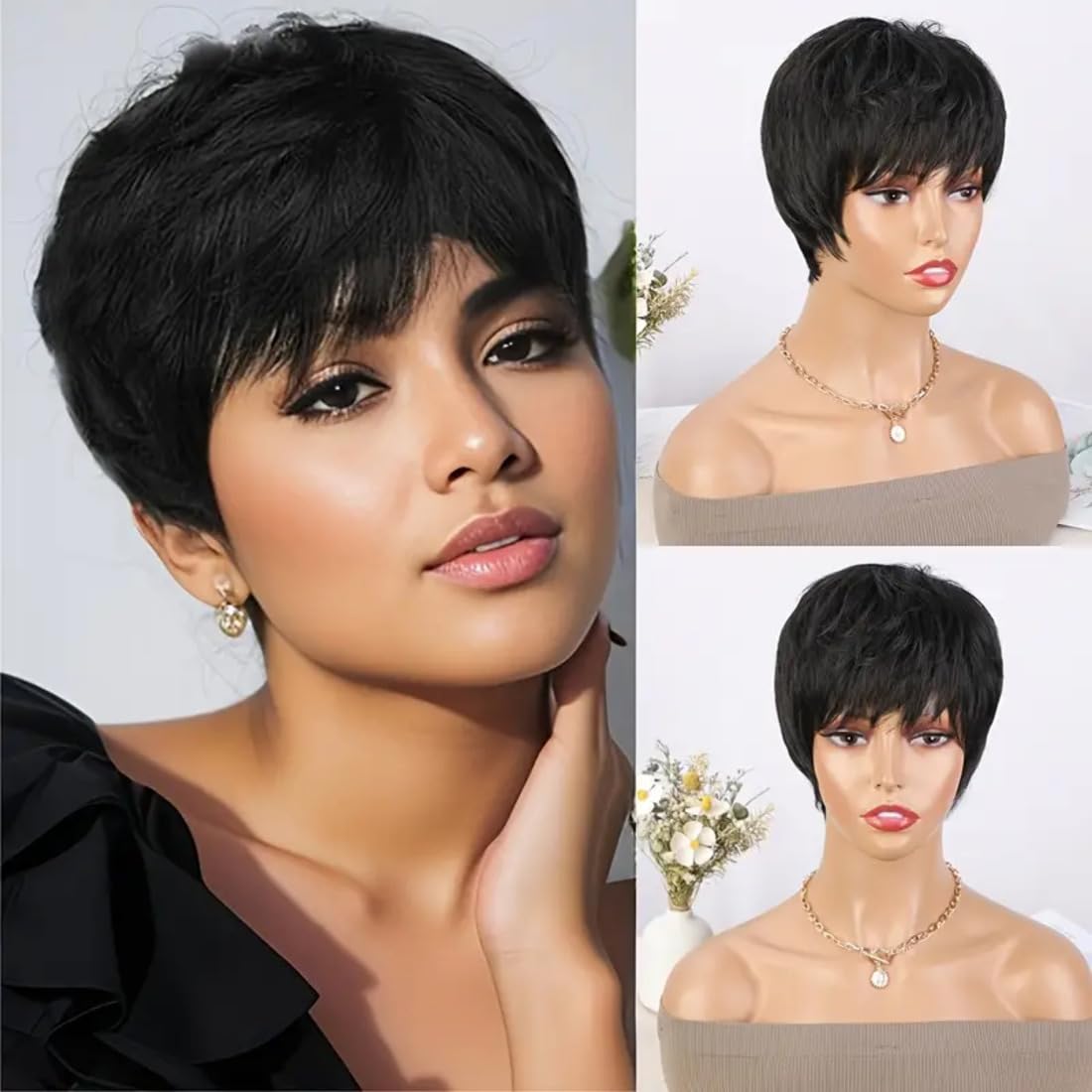 Human Hair Wig Pixie Cut Wigs Hair Styling Wigs With Bangs Glueless Wig For Daily Use Washable 18 Inches Brazilian Remy Hairs Includes Wig Cap (Black)