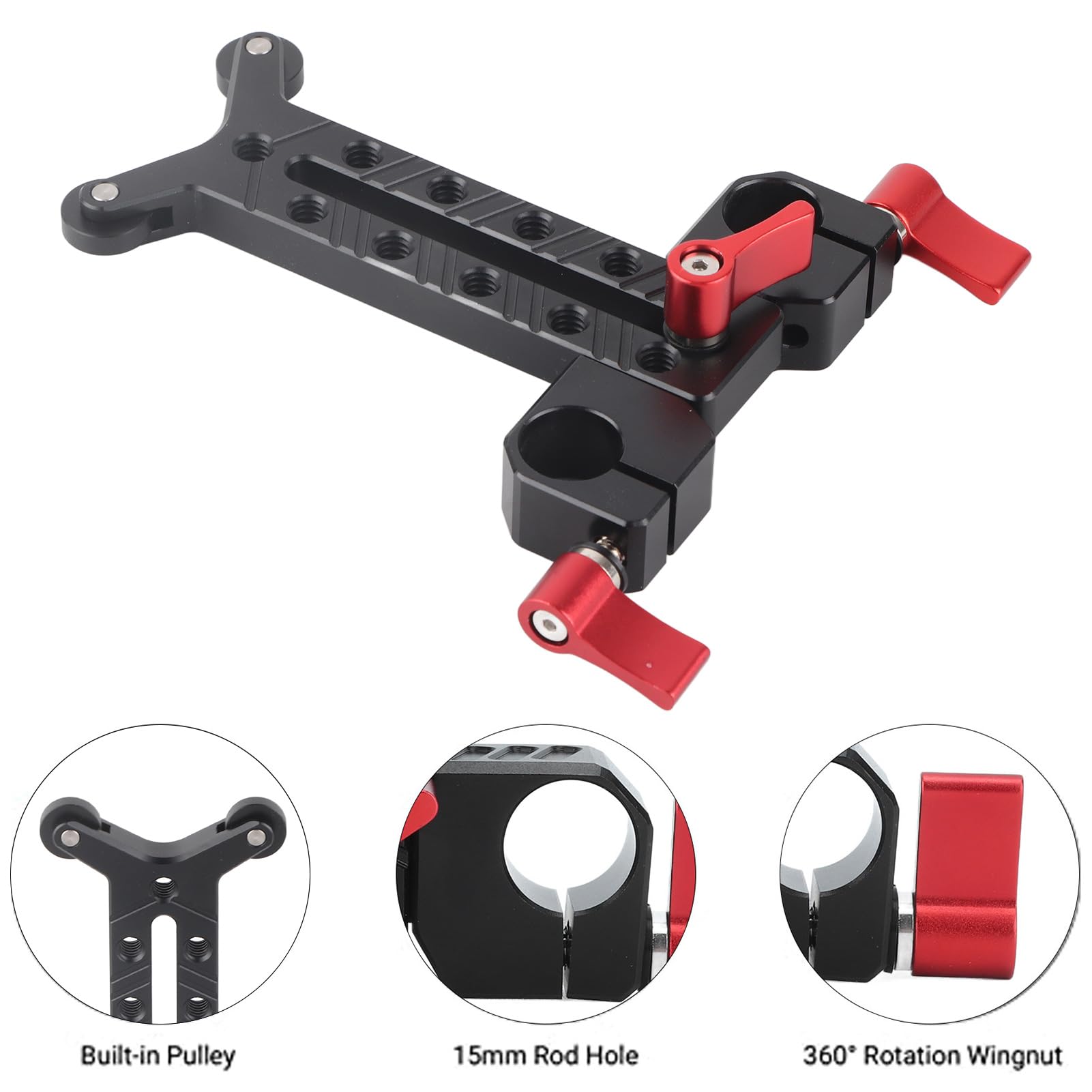 Long Lens Mount, Height Adjustable Lens Mount, 2kg Bearing, 15mm Rod Hole with Pulley for Camera Shoulder Rig