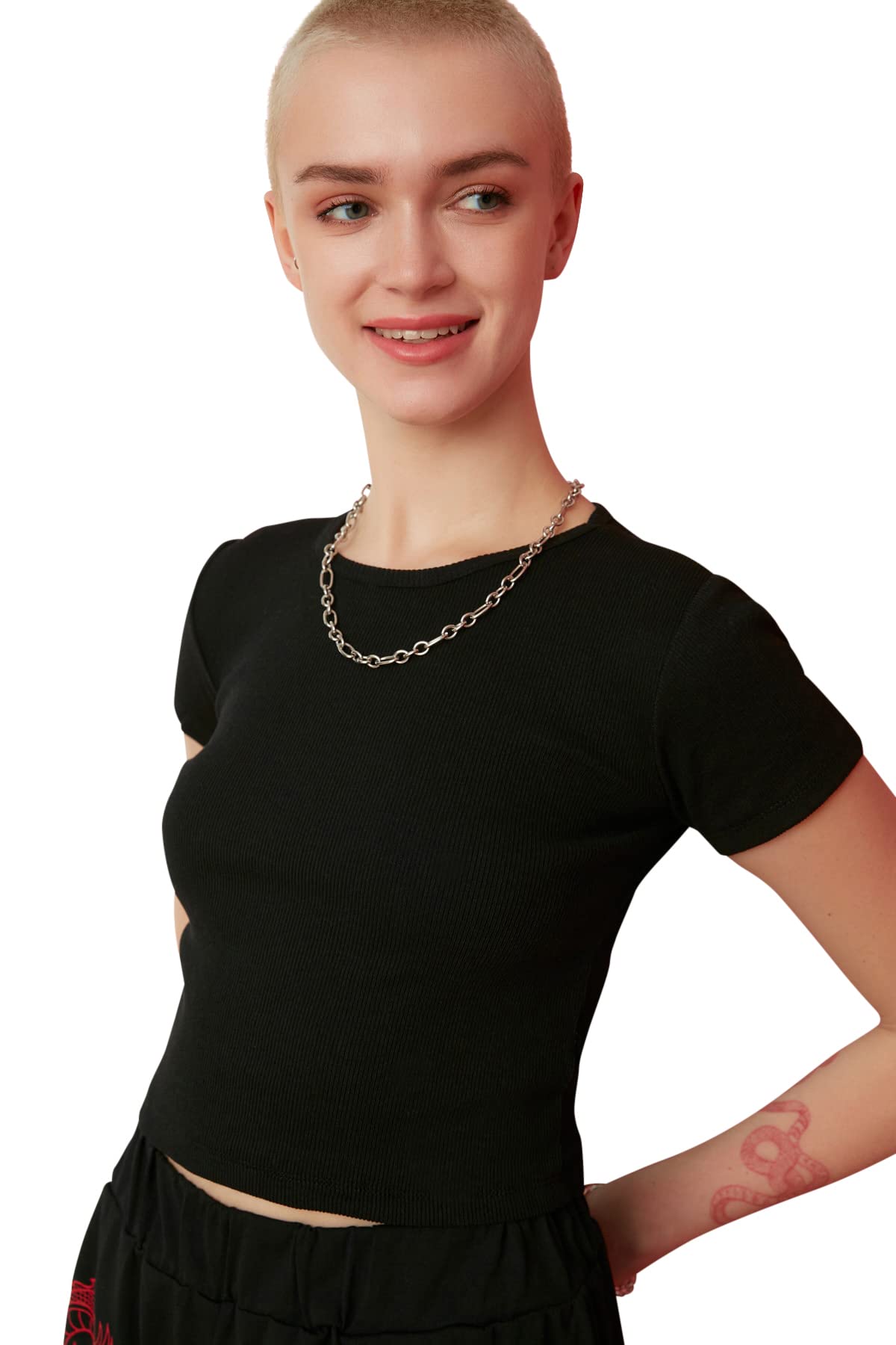 Trendyol FeMan Young Slim fit Basic Crew Neck Knit Blouse Black