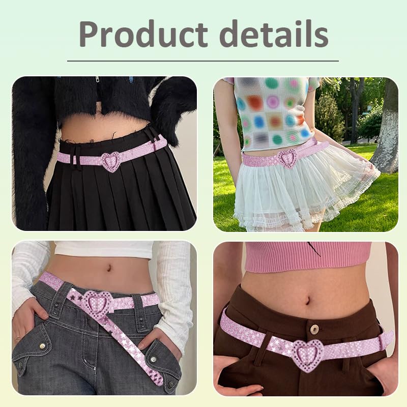 Vintage Pink Glitter Belts Y2k Accessories for Women Western Belt for Dresses Jeans Retro Y2k Pink Cowgirl Heart Belt for Skirts Pants Punk Grunge Goth Bling Belts for Women Gen Z Outfits2