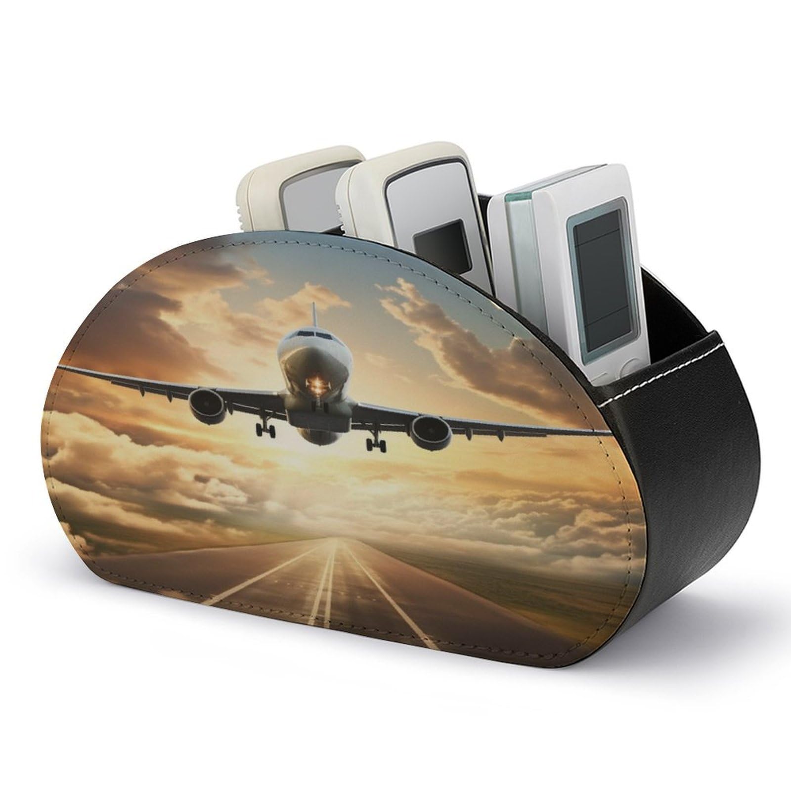 VstaDank Airplane Remote Control Holder with 5 Compartments PU Leather Remote Caddy Desktop Organizer Store TV Remote Control Storage Box for Home Office Desk Nightstand