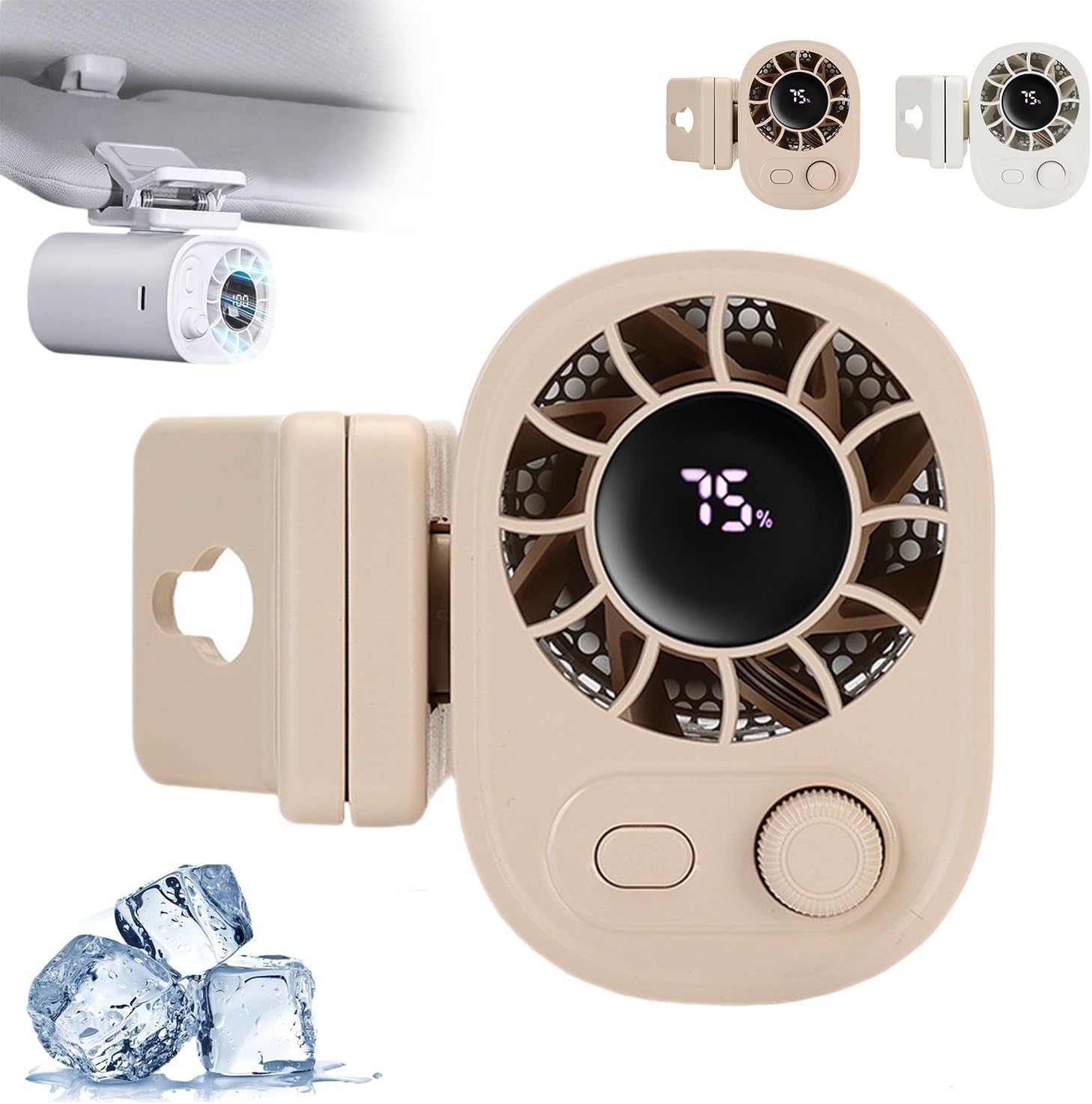 Car Clip on Fan with Led Display - 360° Rotation, 100 Speeds Adjustable, USB Rechargeable Personal Cooling Fans 1800mAh Battery, Strong Wind Ultra Quiet (White +Khaki)